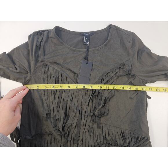 NWT forever 21 fringe velour green midi cut off cropped top long sleeve boho S - Picture 7 of 8